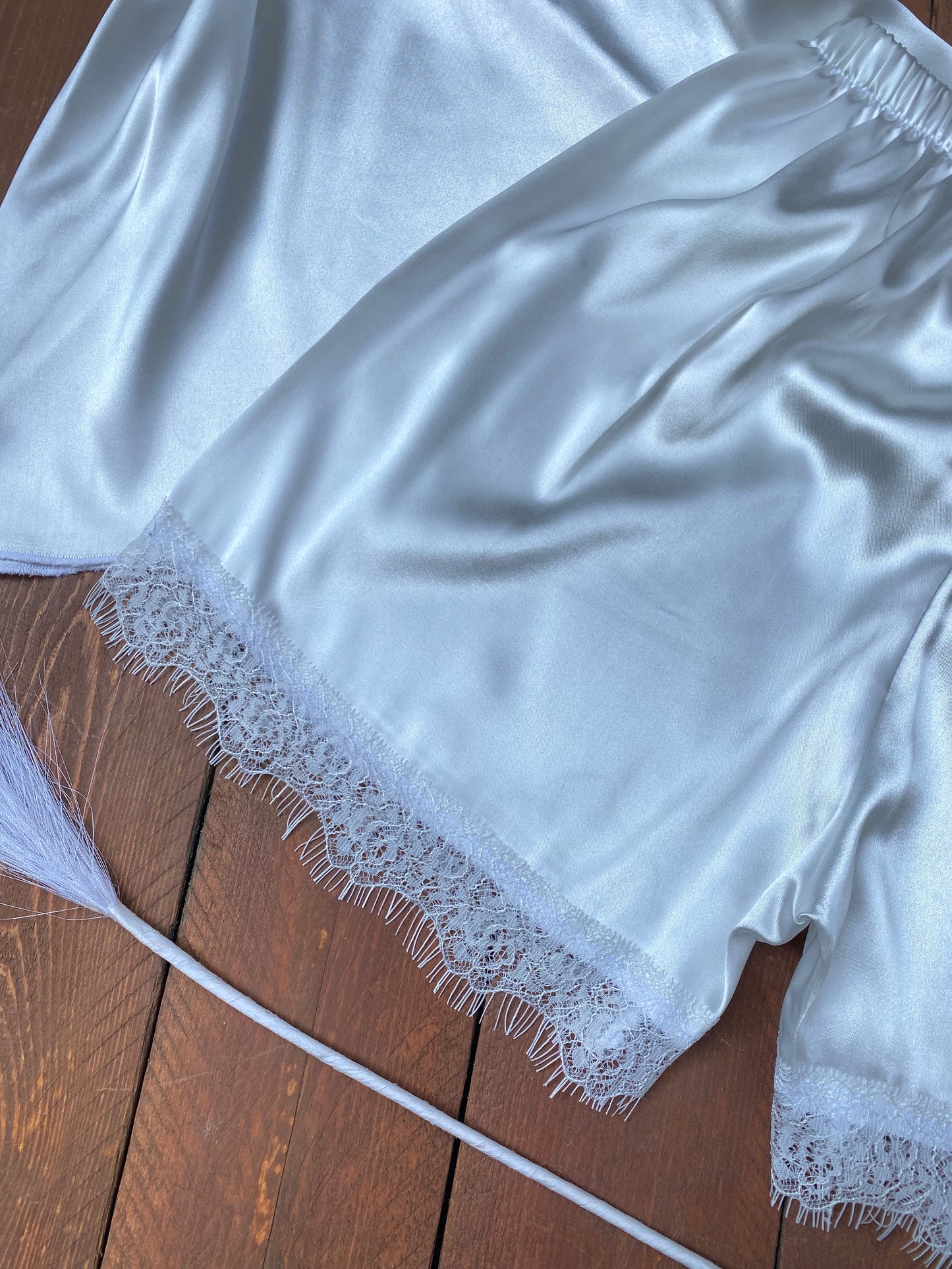 Elegant White Satin Lace Trim Pajama Set