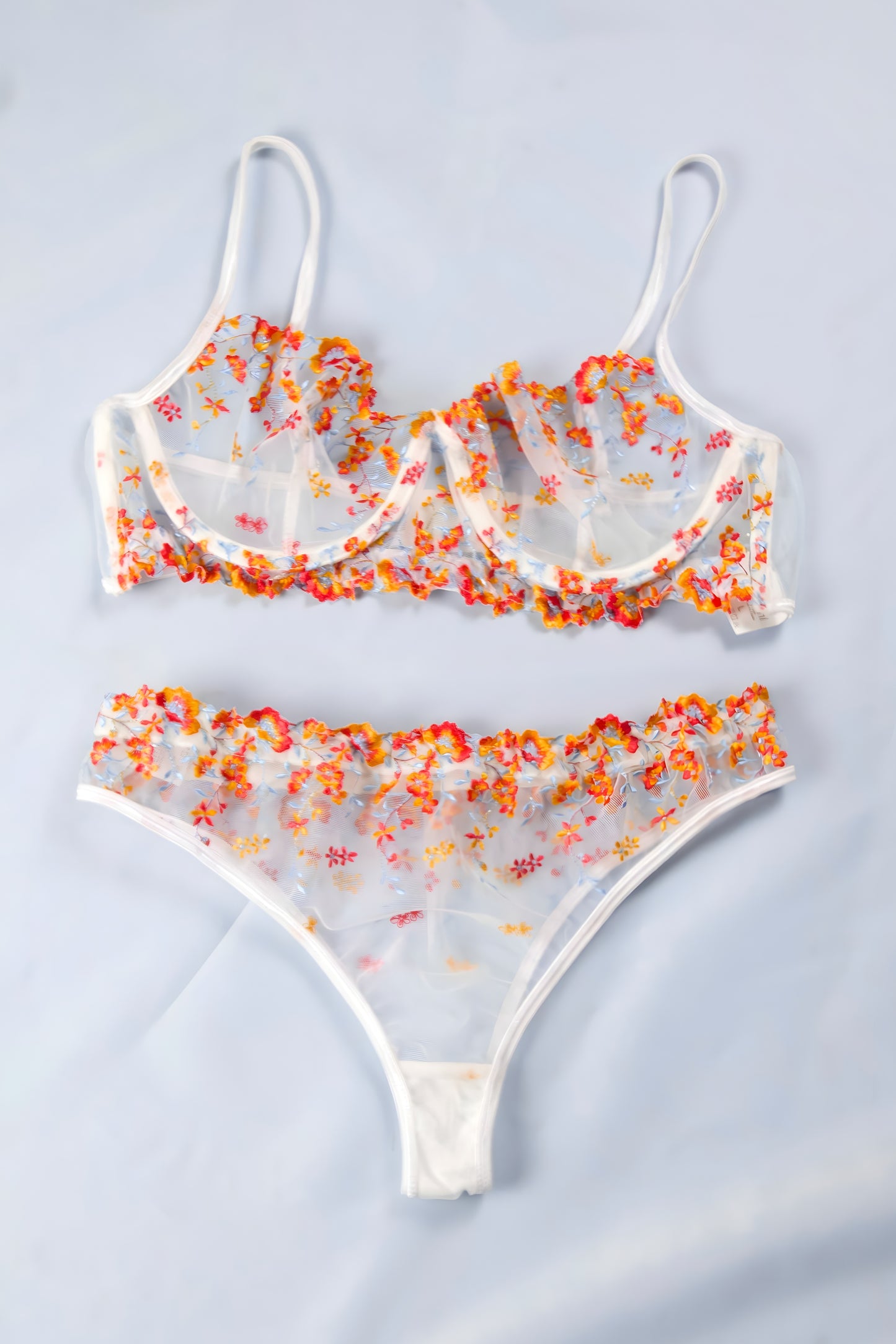 Floral Embroidered Mesh Lingerie Set
