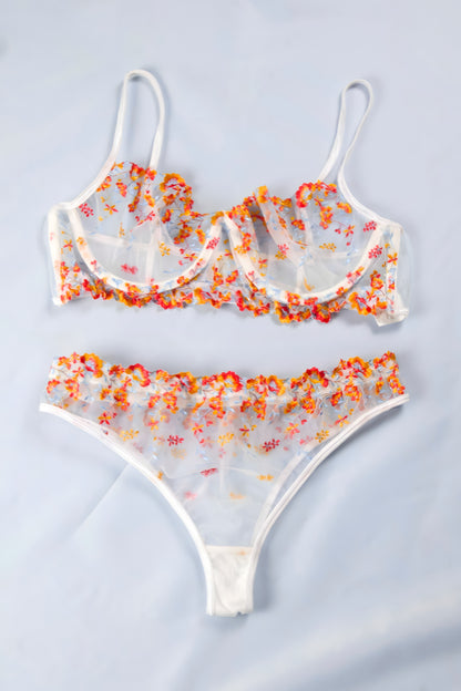 Floral Embroidered Mesh Lingerie Set