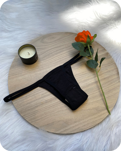 Cotton Ribbed Thong Panty - Black