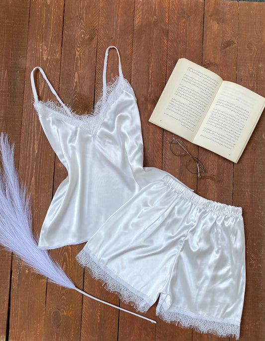 Elegant White Satin Lace Trim Pajama Set