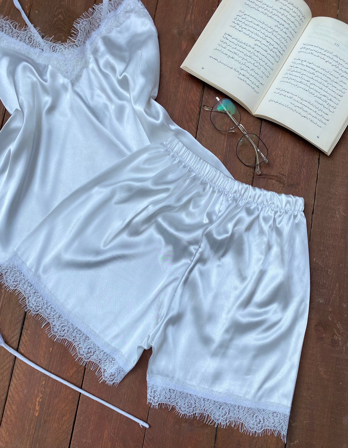 Elegant White Satin Lace Trim Pajama Set