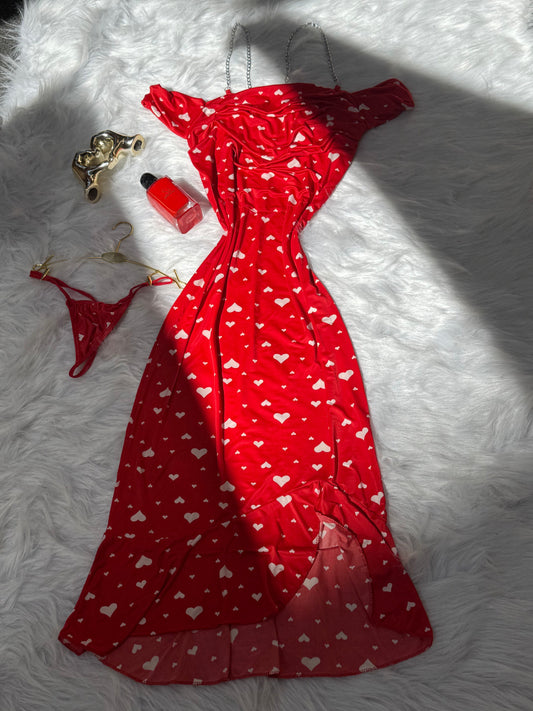 Off-Shoulder Dress & Panty Set with Heart Prints