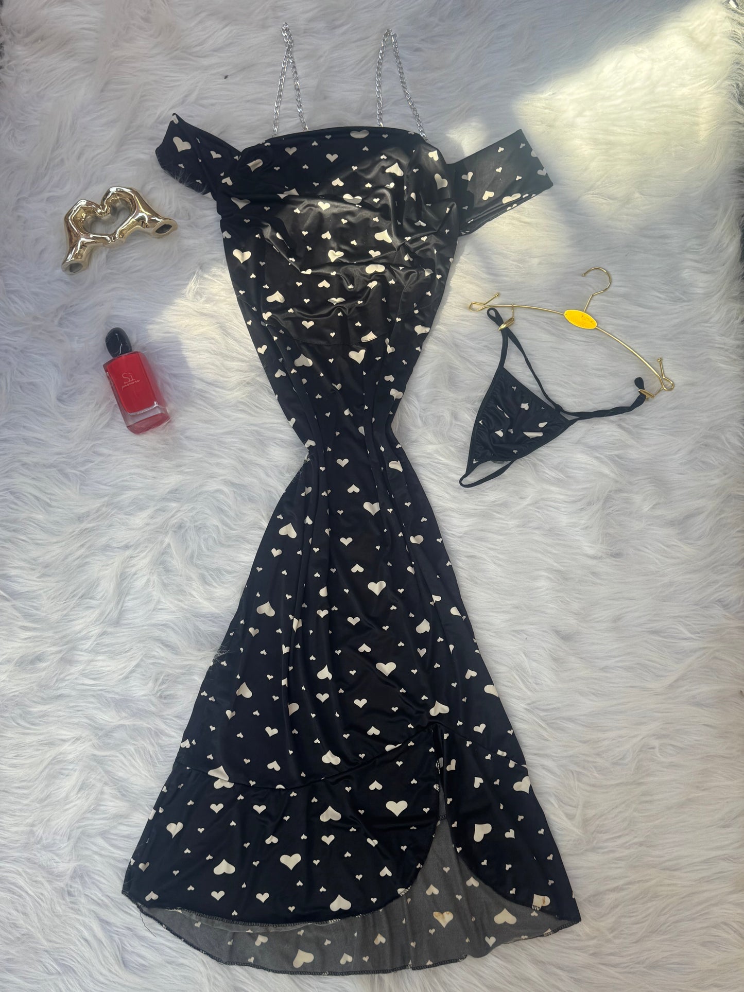 Off-Shoulder Dress & Panty Set with Heart Prints