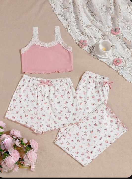 Floral Lace 3-Piece Pajama Set