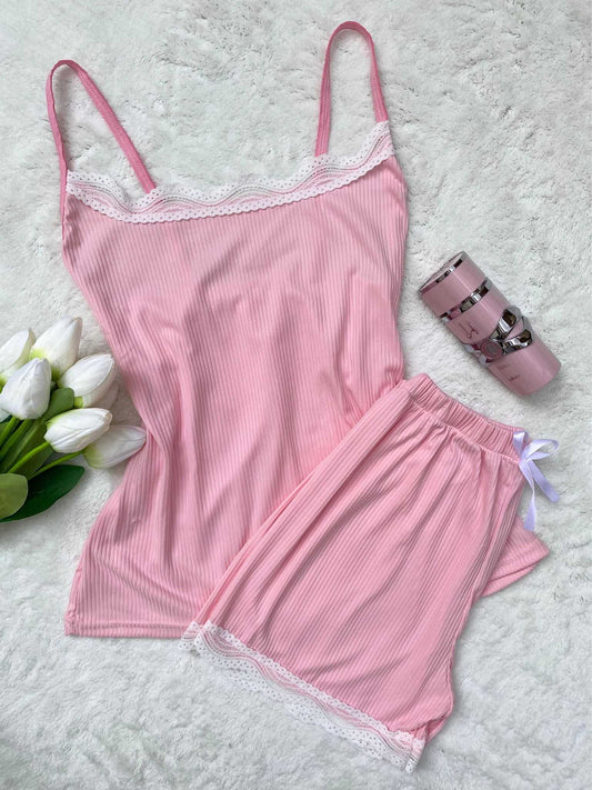 Ribbed 2-Piece Hot Shorts Set with Lace Details
